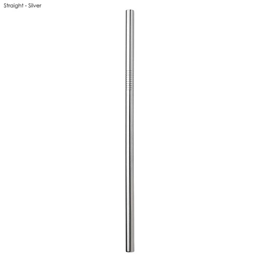 A stainless steel straw, silver in colour, measuring 8mm x 215mm, featuring a logo.
