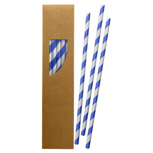 A set of blue and white striped paper straws packaged in a brown cardboard box with a window.