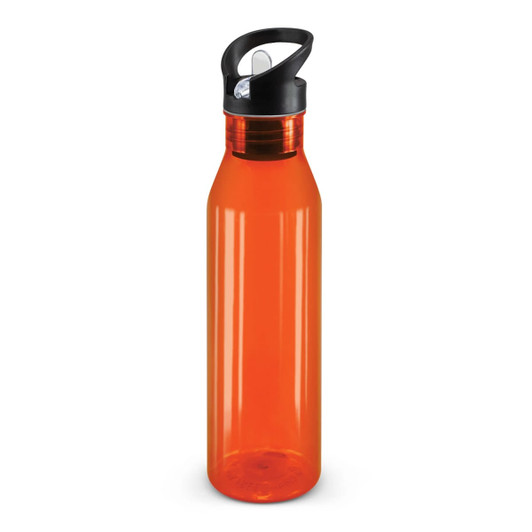 A drink bottle in a translucent orange color with a black lid and flip-top spout.