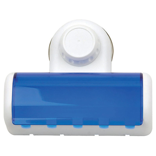 A toothbrush holder in white and blue, featuring a suction mechanism for easy attachment.