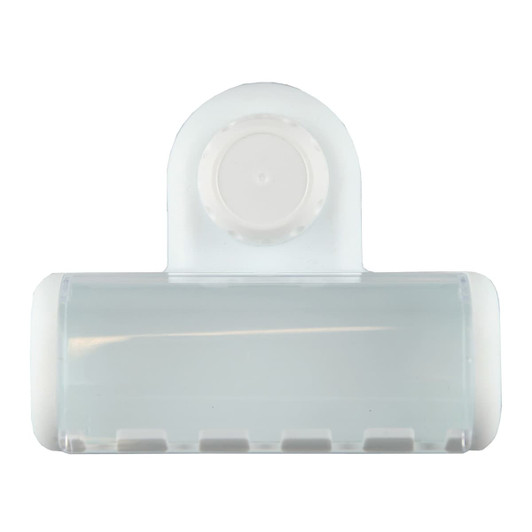 A clear plastic toothbrush holder with a white top and a circular attachment. It features multiple slots for toothbrushes.