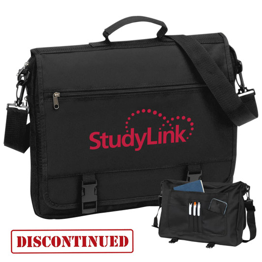 A black briefcase with a shoulder strap, featuring an exterior pocket and an interior compartment. It has a logo.