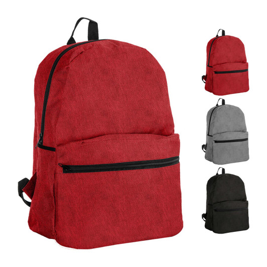 A red backpack featuring a large main compartment and a front pocket, alongside grey and black variants. It has a logo.