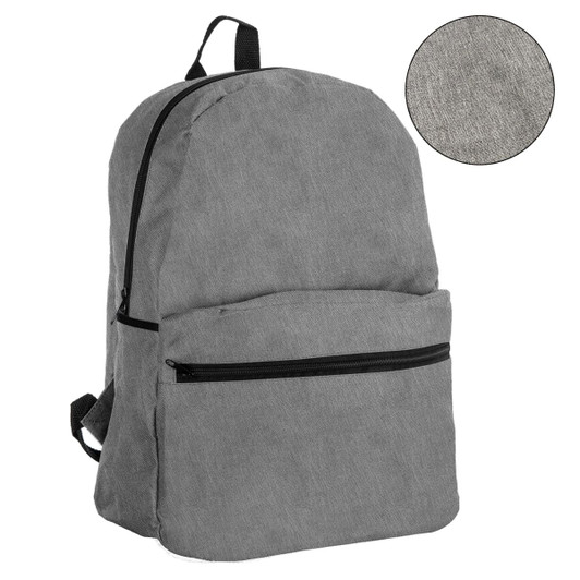 A grey backpack featuring a front zip pocket, adjustable straps, and a textured fabric. It has a logo on it.