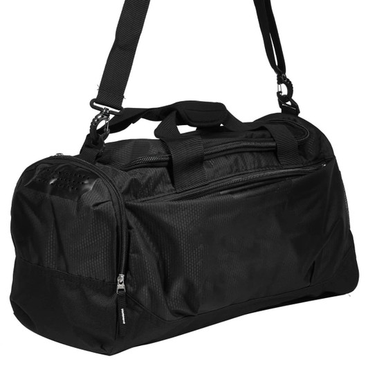 A black duffle bag with dual handles and an adjustable shoulder strap, featuring a zippered main compartment and logo.