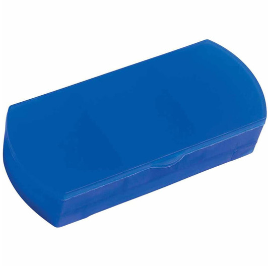 A blue travel pill box with a hinged lid and a smooth surface. It includes a logo on the exterior.