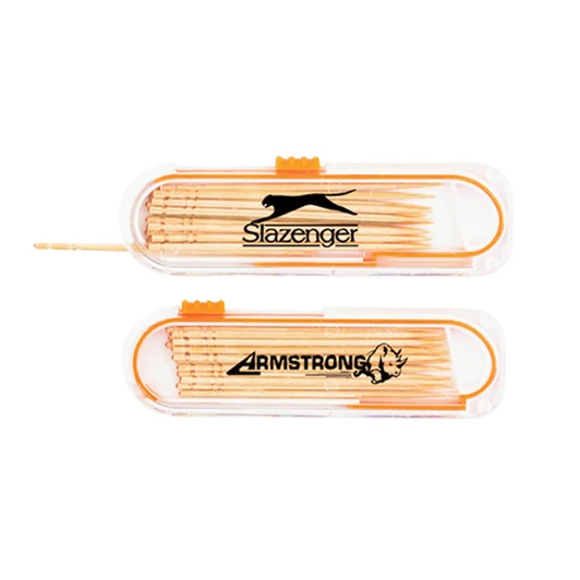 A transparent case containing wooden toothpicks, featuring orange accents and logos on the exterior.