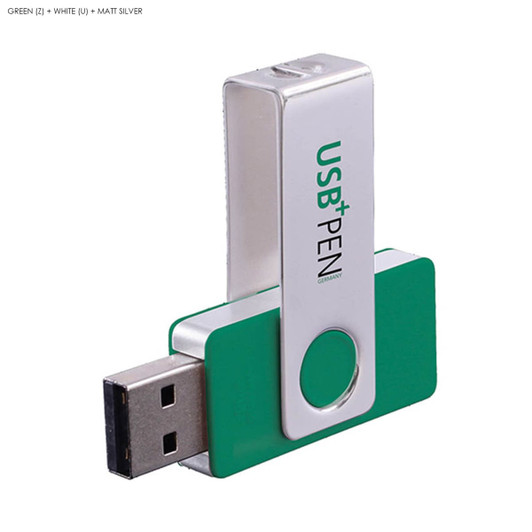 A green and white USB flash drive with a metal clip, featuring a logo on the clip. Capacity is 32GB.