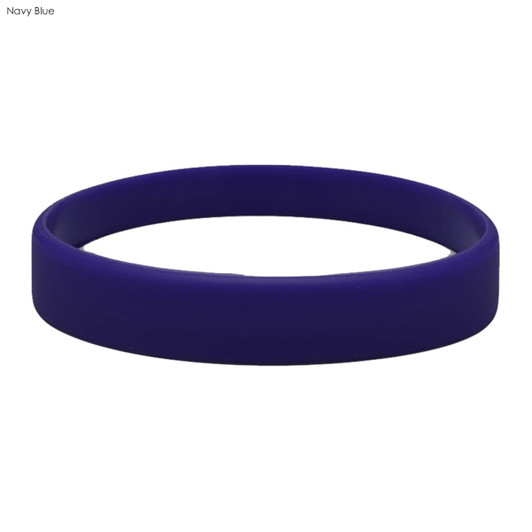 A navy blue silicone wristband with a smooth surface and a subtle branding logo.
