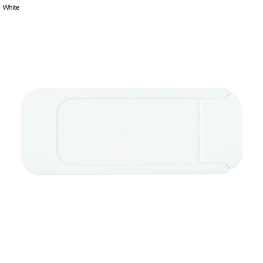 A white security webcam cover with a sleek, minimal design, featuring a branding logo.