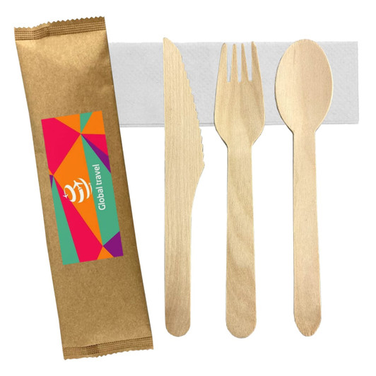 A wooden cutlery set featuring a knife, fork, and spoon, presented with eco-friendly packaging and a logo.