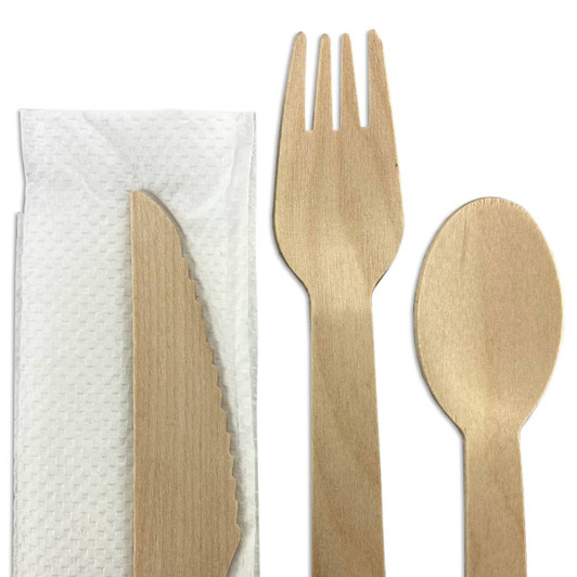 A wooden cutlery set featuring a knife, fork, spoon, and napkin, all in a light wood colour.