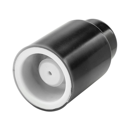 A wine stopper in black with a white interior, featuring a round design and a logo on the surface.