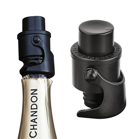 A black champagne stopper designed to fit over a bottle neck, featuring a secure closure mechanism.