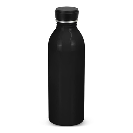 A drink bottle with a sleek black aluminium design and a black screw-top lid, featuring a logo on its surface.