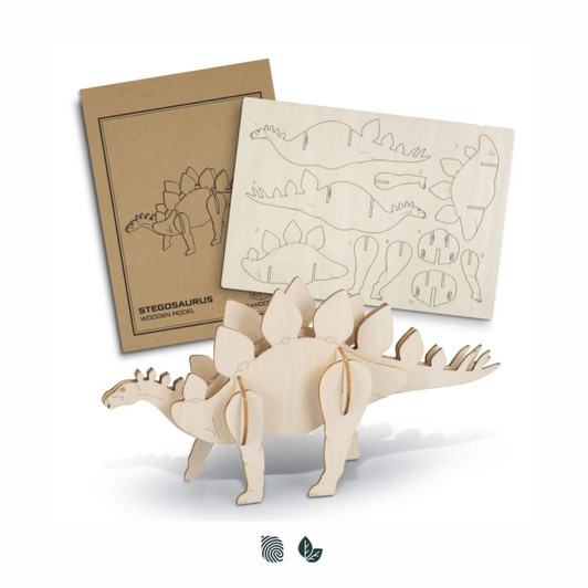 A wooden Stegosaurus model with unassembled parts and instructions, featuring a natural wood finish.