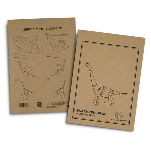 A cardboard package featuring assembly instructions for a Brachiosaurus wooden model, with illustrations and a logo.