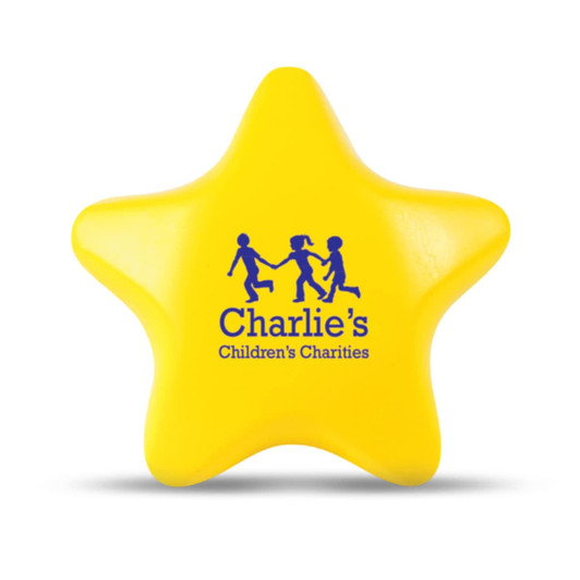 A yellow star-shaped stress ball with "Charlie's Children's Charities" printed in blue.