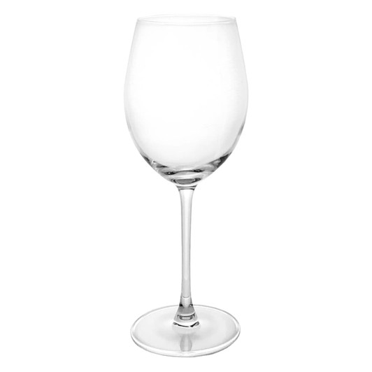 A clear, elegant wine glass standing on a smooth base, designed for serving wine. Features a simple logo.