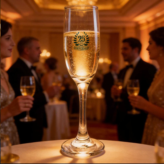 A Montio champagne flute, 185ml, made of clear glass, filled with sparkling champagne, set on a table at a festive event.