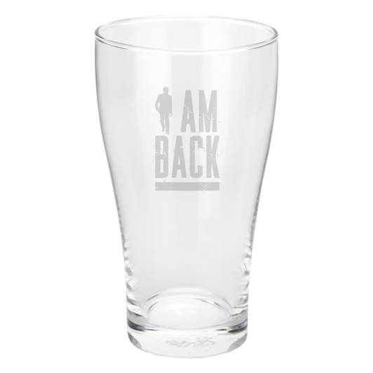 A clear glass beer schooner with a tapered design. It features a logo near the top.