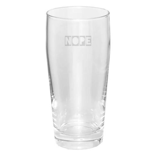 A clear 380ml beer glass with a sleek, tall design and a logo on one side.
