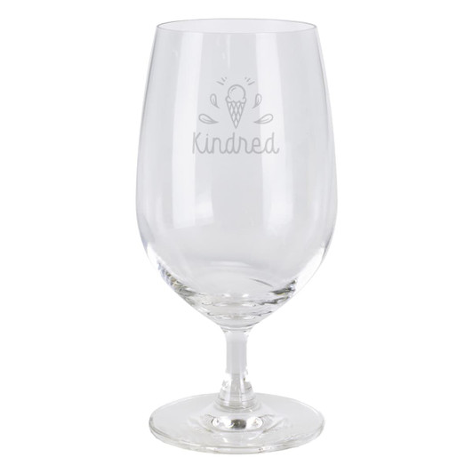 A clear glass beer glass with a round bowl and a slender stem. Features a logo on the front.