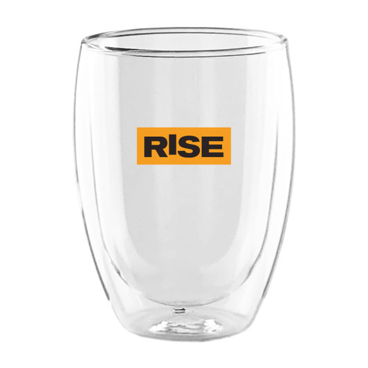 A double wall glass in clear colour with a logo featuring the word "RISE" in orange.