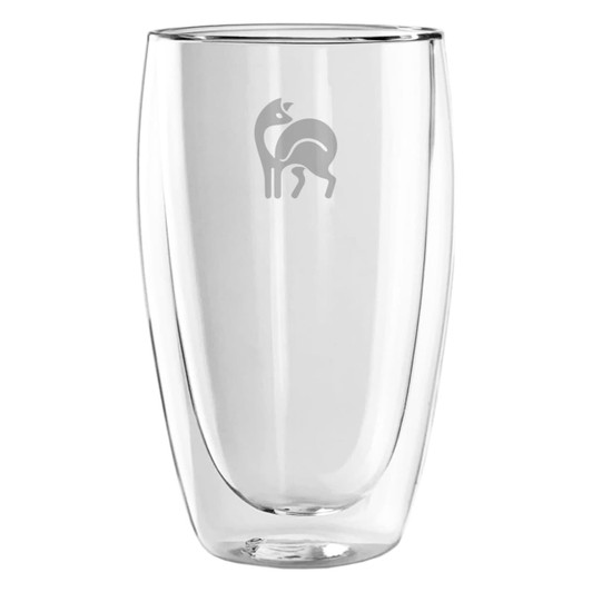 A double wall glass with a sleek, clear design, featuring a logo, ideal for beverages.