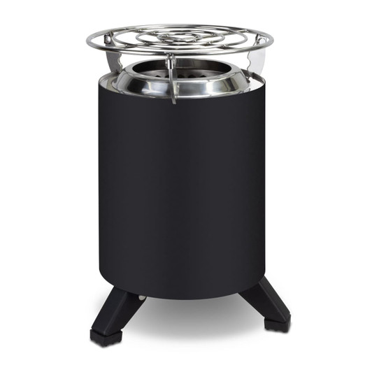 A black campfire cooker with a stainless steel top and three sturdy legs. It has a branding logo on the side.
