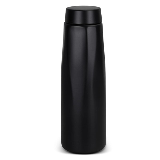 A drink bottle with a sleek design, featuring a matte black finish and a screw-on lid.