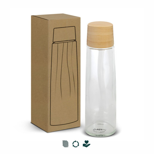 A drink bottle with a clear glass body and a wooden lid, packaged in a simple brown box, featuring a logo.