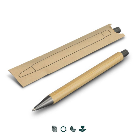 A bamboo pen in a simple paper sleeve, featuring a grey tip and a natural wood finish.