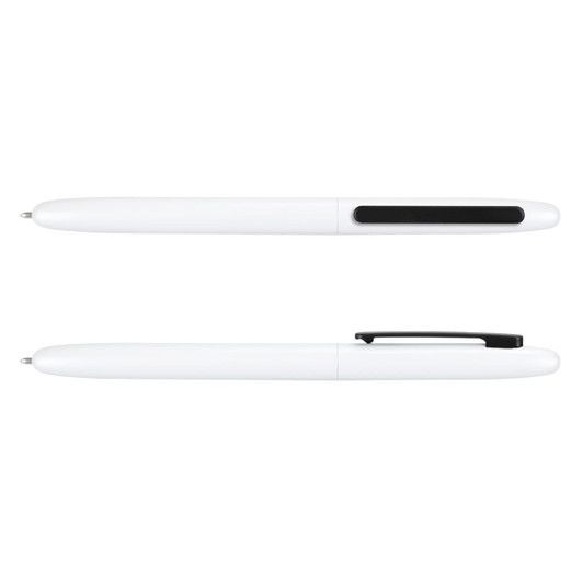 A white metal pen with a black clip and a smooth finish, featuring a logo on its body.