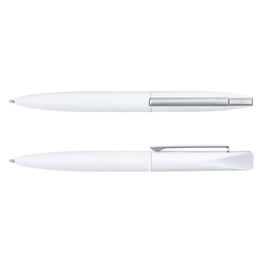 A collection of two white metal pens with silver accents and a branding logo.