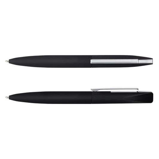 A sleek black metal pen with a chrome clip and detailing, featuring a minimalist design and a logo.
