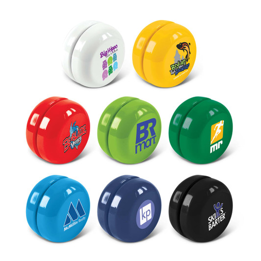 A collection of eight colourful yoyo toys featuring various logos and designs, arranged in two rows.