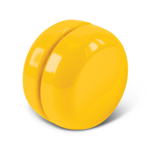 A yellow yoyo featuring a smooth, glossy surface and a simple circular design.