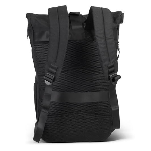 A black roll-up computer backpack with padded straps and a textured back panel, featuring a logo.