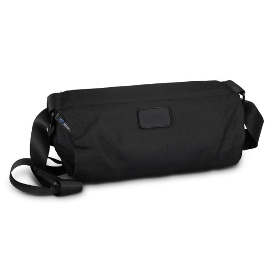 A black sling bag with a sturdy strap and a zip closure, featuring a logo on the side.