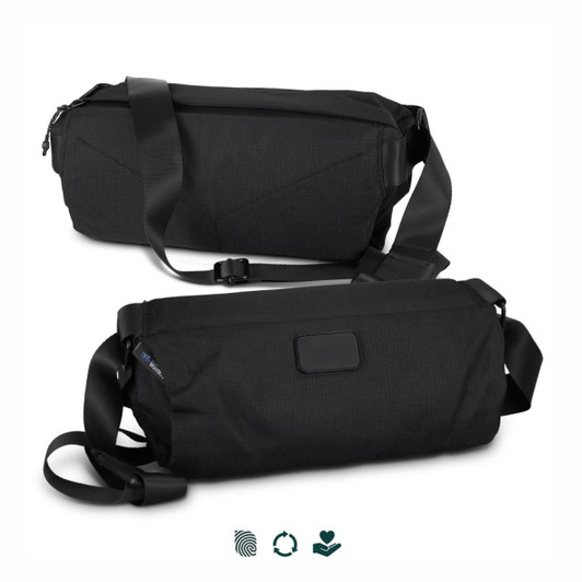 A black sling bag made from recycled materials, featuring an adjustable strap and a logo on the side.