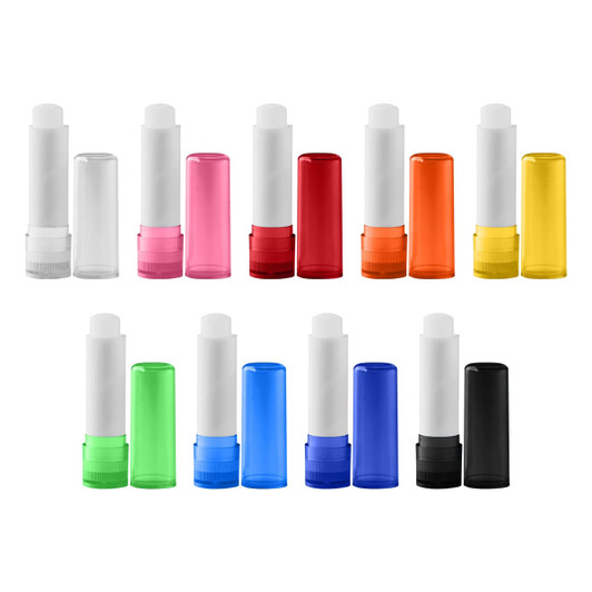 A collection of lip balm sticks in various colours, including red, pink, orange, yellow, green, blue, black, and clear.