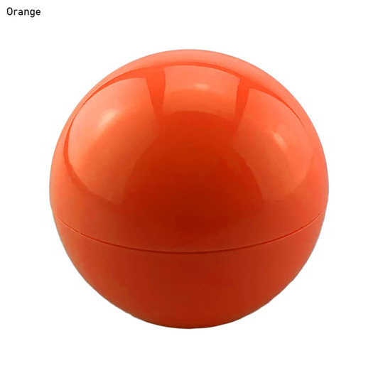 An orange, spherical lip balm container with a glossy finish and a logo on the surface.
