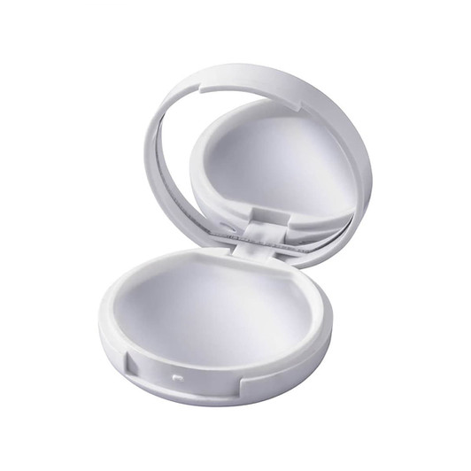 A compact mirror with a sleek white casing, designed for convenience and portability.
