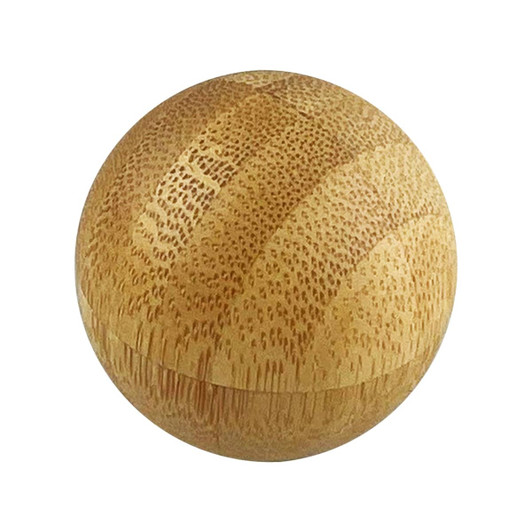 A bamboo ball containing lip balm, featuring a natural wood finish and a smooth surface, with a logo visible.
