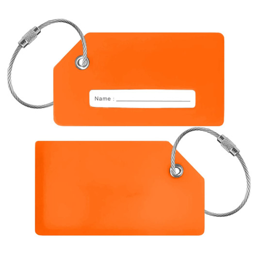 An orange silicone luggage tag with a stainless steel wire attachment and a space for writing a name.