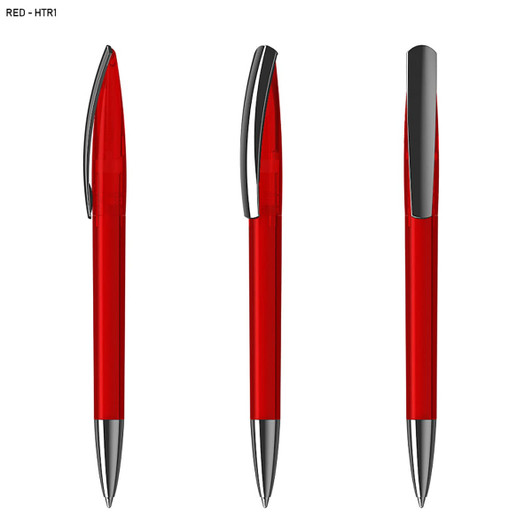 A red plastic pen with a chrome clip and accents, shown from three angles. It has a logo on the side.