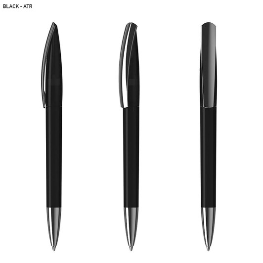 A set of black plastic pens with silver accents, showcasing different angles and a logo on the barrel.