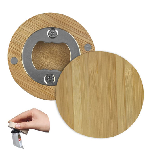 A drink bottle opener made of bamboo, featuring a metal opener in the centre. The surface is smooth and natural.
