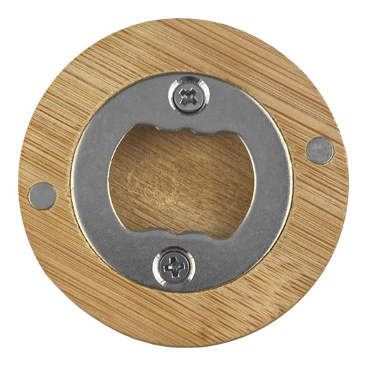A drink bottle opener with a bamboo exterior and metal opener mechanism, featuring silver screws and a logo.